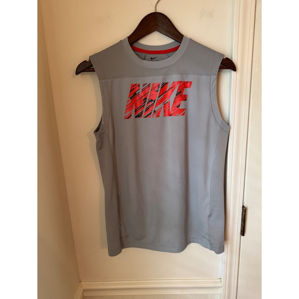 Nike Kids Dri-FIT Sleeveless Training Shirt Gray Red Graphic Logo Size XL